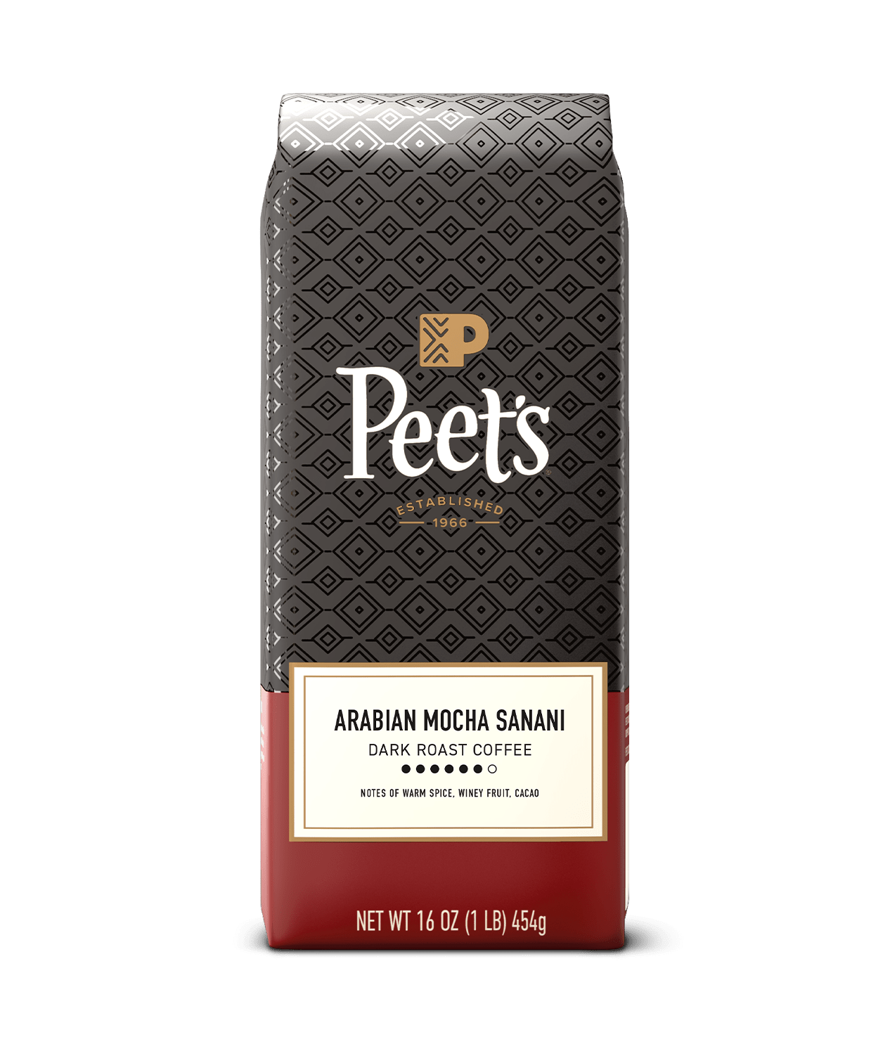 Peet's Coffee Arabian Mocha Sanani dark roast coffee package on a green background